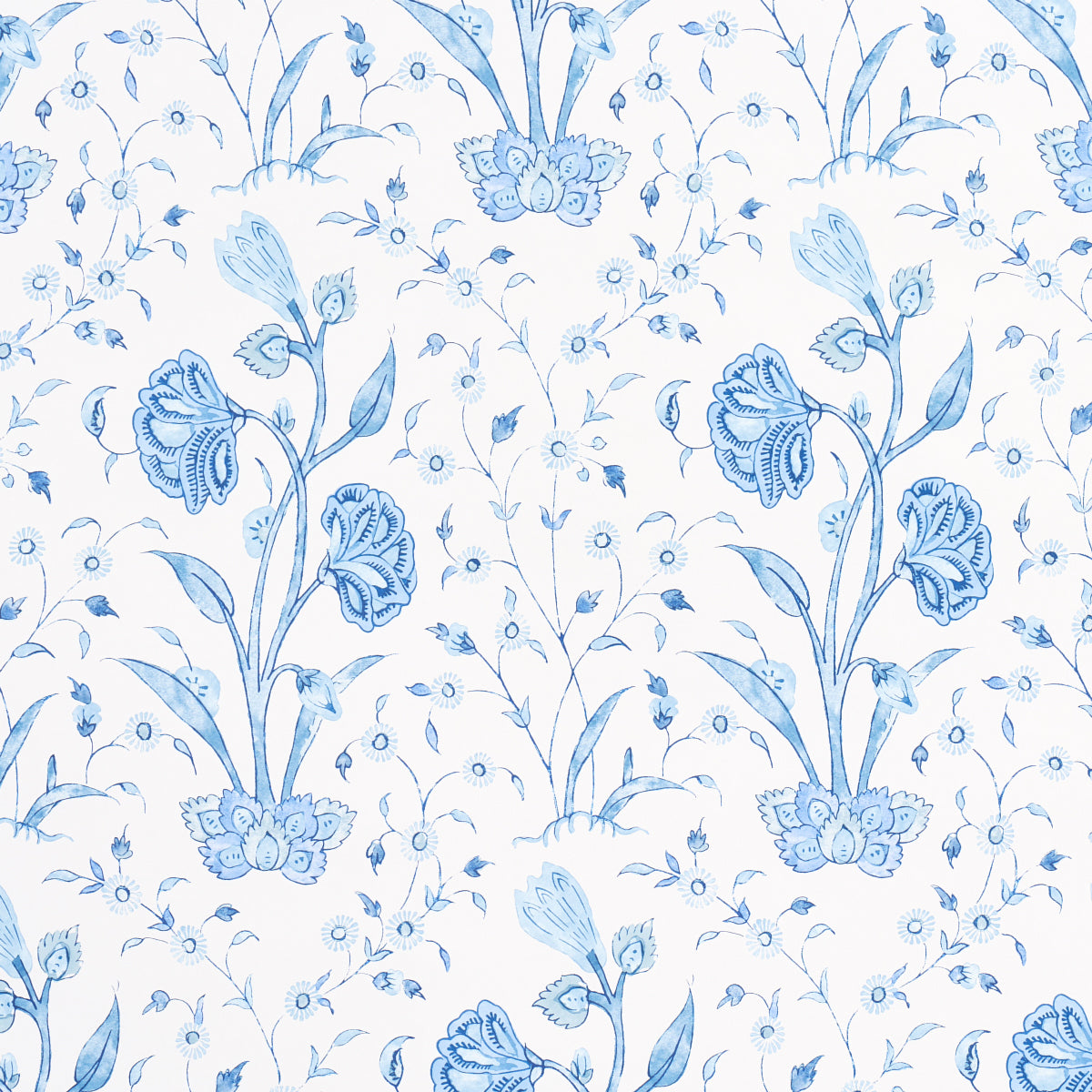 Blue floral pattern with tall stems and blossoms on white porcelain.