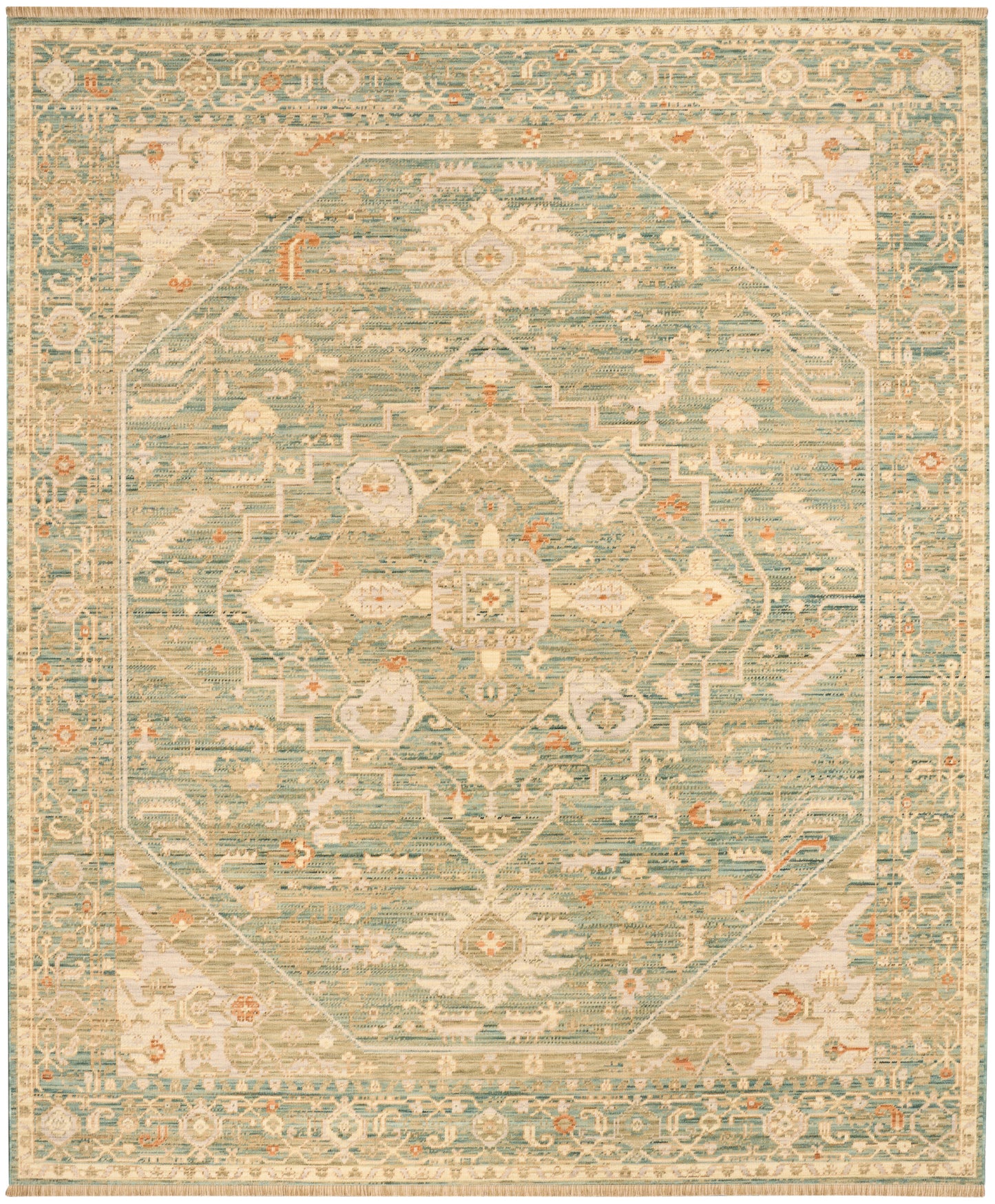 Rectangular vintage oriental rug in teal & ivory with a central medallion, floral border, and subtle orange accents.