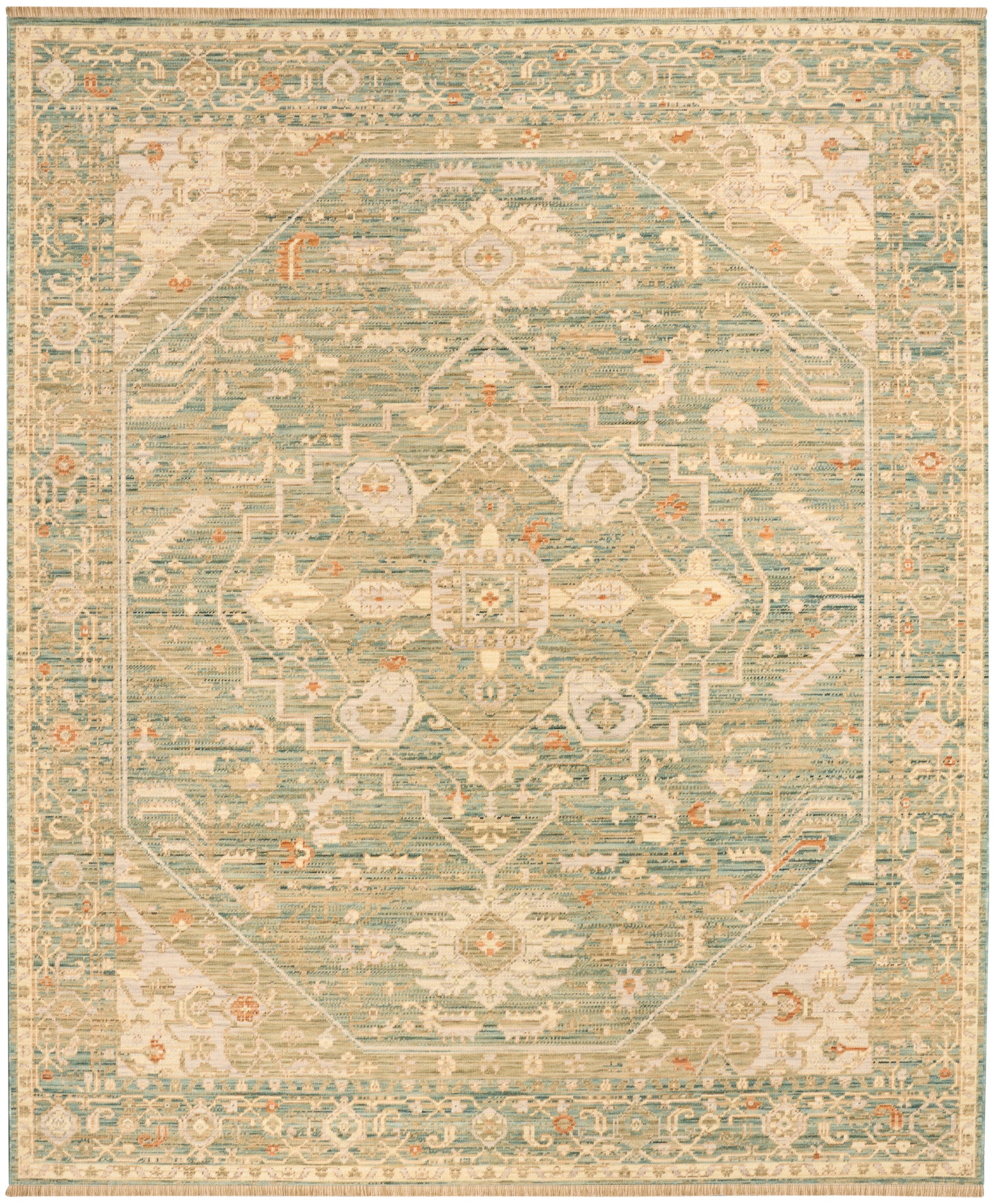 Rectangular vintage oriental rug in teal & ivory with a central medallion, floral border, and subtle orange accents.