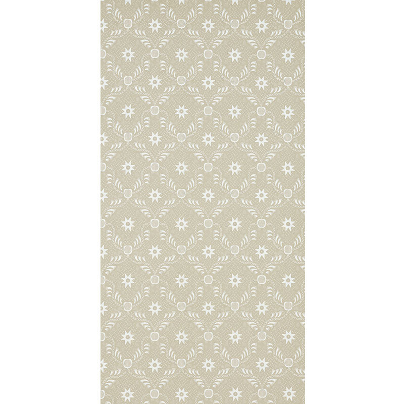 Beige wallpaper with a repeating white starburst and circular chain motif.