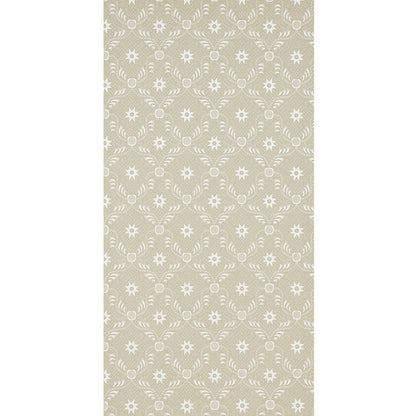 Beige wallpaper with a repeating white starburst and circular chain motif.