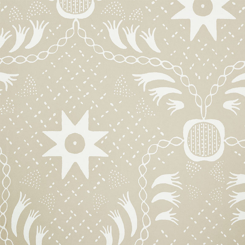Beige wallpaper with white starburst, chain links and palm-like fronds in a repeating geometric pattern.