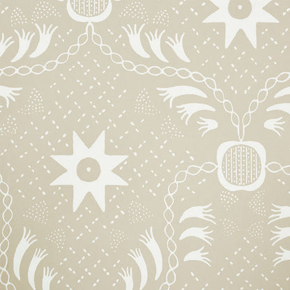 Beige wallpaper with white starburst, chain links and palm-like fronds in a repeating geometric pattern.