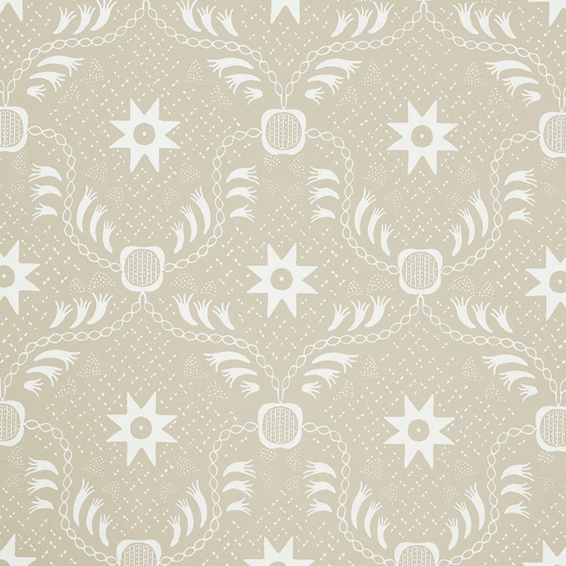 Beige damask-style wallpaper with repeating white medallions, laurel swags and eight-point star accents.