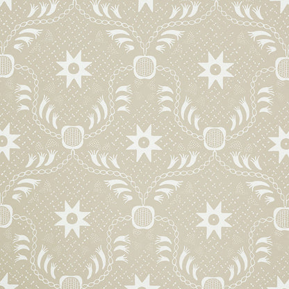 Beige damask-style wallpaper with repeating white medallions, laurel swags and eight-point star accents.
