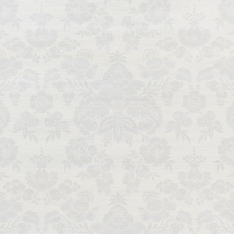 Soft silver grasscloth wallpaper with a subtle damask floral pattern for vintage elegance.