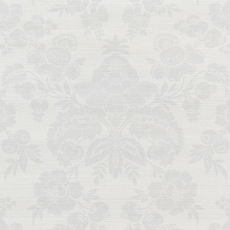 Light gray damask pattern on pale white textured grasscloth wallcovering; elegant classic decorative wall covering.