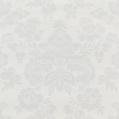 Light gray damask pattern on pale white textured grasscloth wallcovering; elegant classic decorative wall covering.