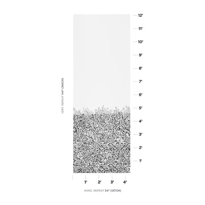 Tall vertical wallpaper swatch with white upper section and speckled gray terrazzo bottom; ruler-style measurement marks on the right.
