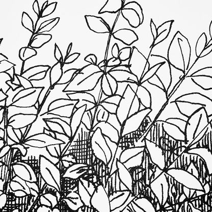 Black line-art botanical illustration of tangled leafy branches on a white background, sketch style.