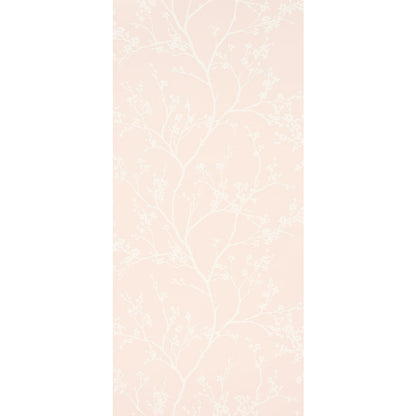 Peach wallpaper with white delicate botanical tree-branch pattern for vertical wall decor.
