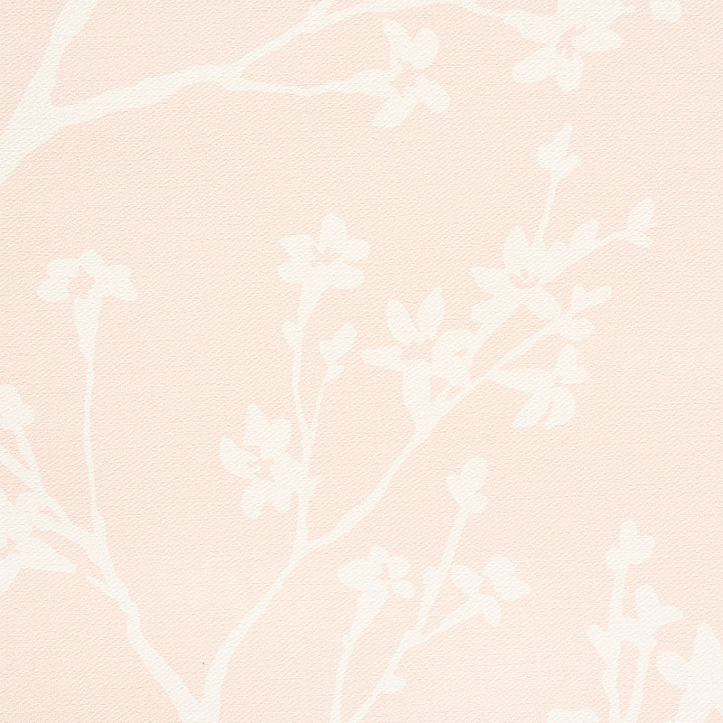 Blush Twiggy vinyl wallcovering with a textured surface featuring white delicate floral branches and blossoms.
