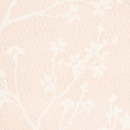 Blush Twiggy vinyl wallcovering with a textured surface featuring white delicate floral branches and blossoms.