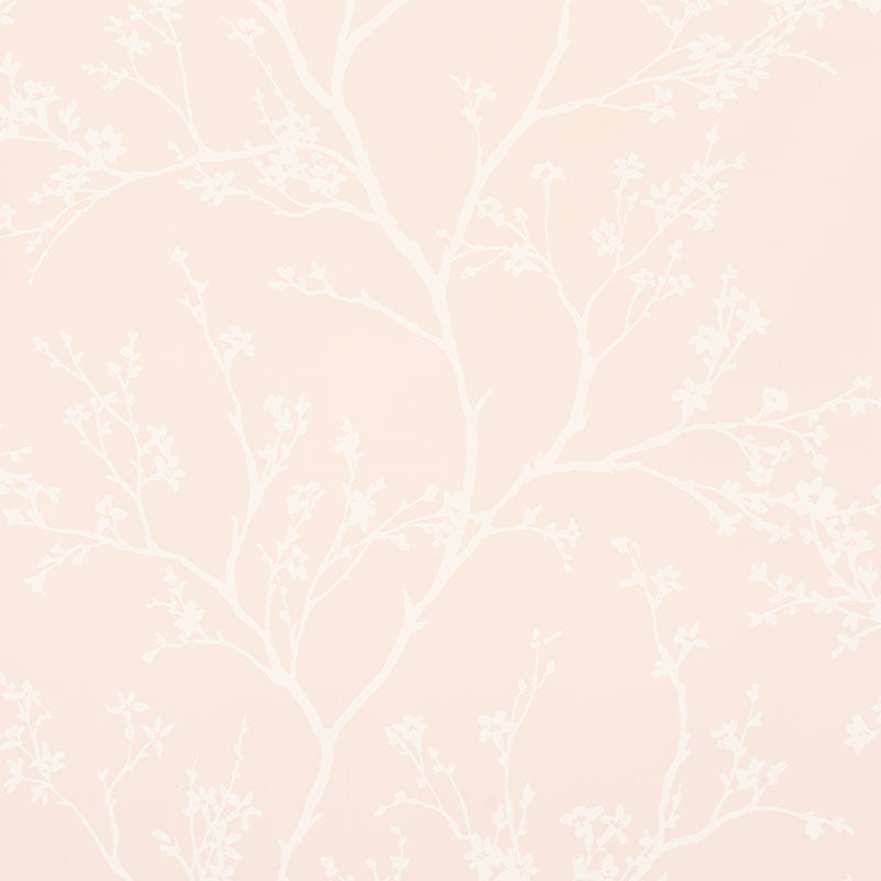Soft pink background with delicate white botanical branches; subtle wallpaper print.
