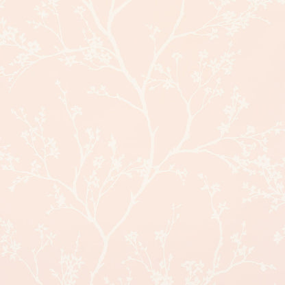 Soft pink background with delicate white botanical branches; subtle wallpaper print.