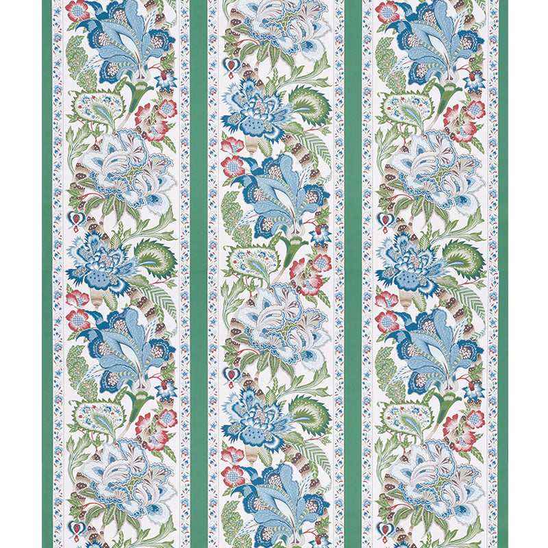 Vertical floral border with blue flowers, green leaves and emerald accents in a repeating stripe pattern.