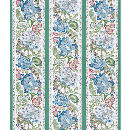 Vertical floral border with blue flowers, green leaves and emerald accents in a repeating stripe pattern.