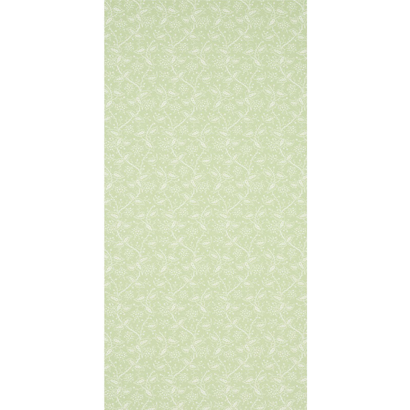 Soft lime-green wallpaper with delicate white botanical vine pattern and repeating floral motif.