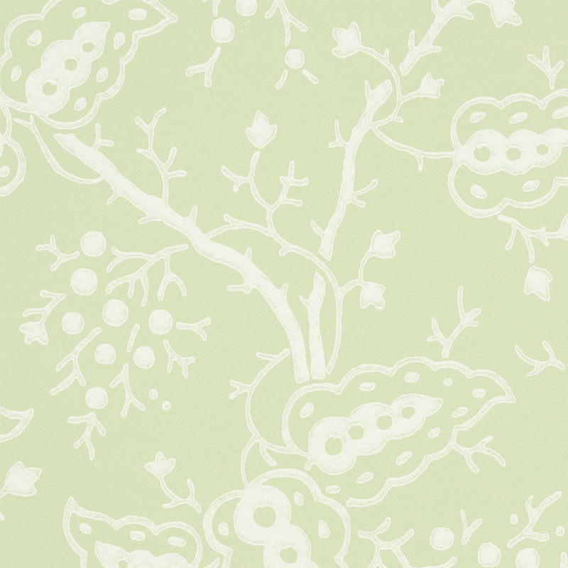 Light pale green textile with white abstract botanical vines and rounded floral shapes; seamless pattern.