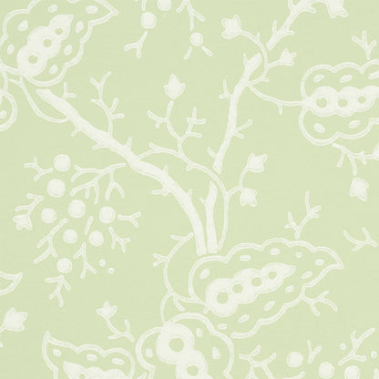 Light pale green textile with white abstract botanical vines and rounded floral shapes; seamless pattern.
