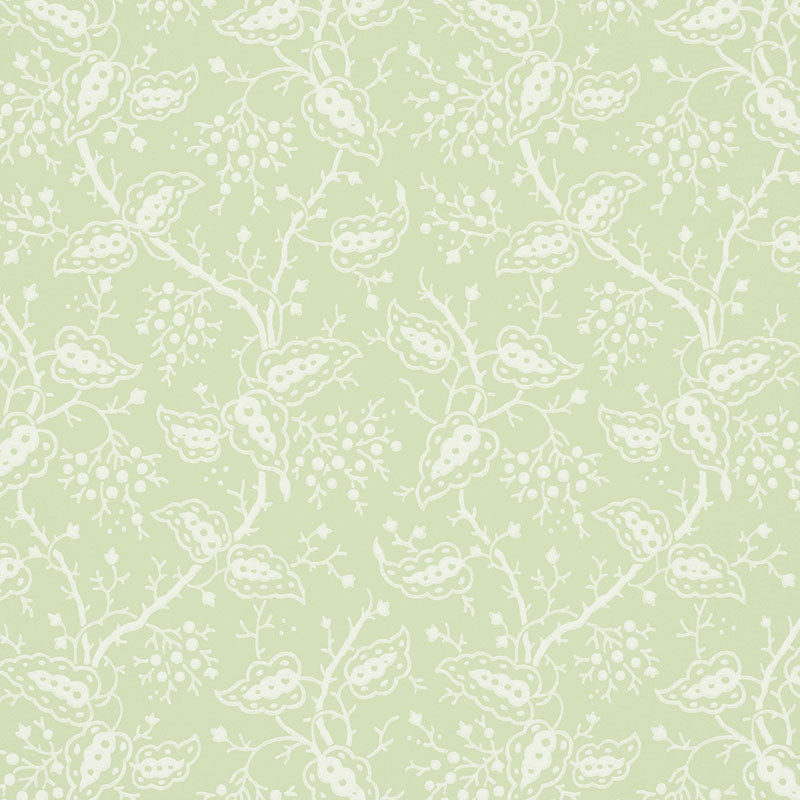 Pale sage green fabric with a white leaf pattern.