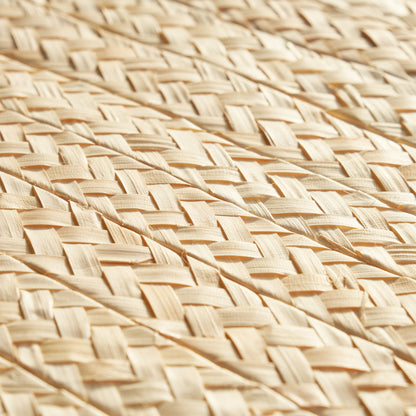 Close-up of natural beige buri grasscloth weave with braided, interlaced fibers, a textured wallcovering surface.