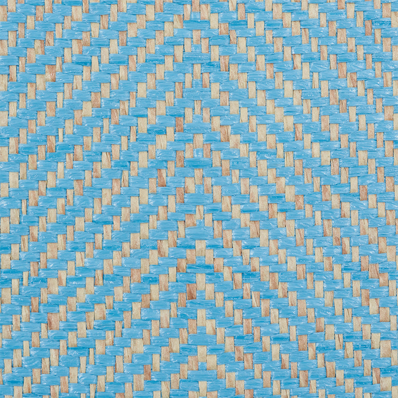 Blue and natural herringbone paperweave wallcovering; textured, zigzag pattern.