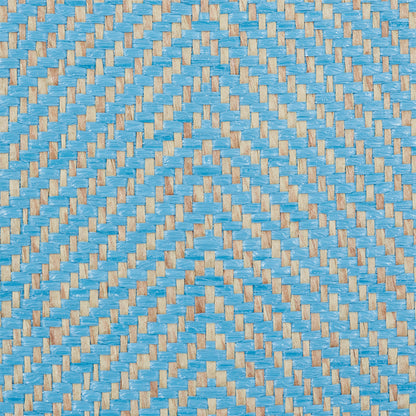 Blue and natural herringbone paperweave wallcovering; textured, zigzag pattern.