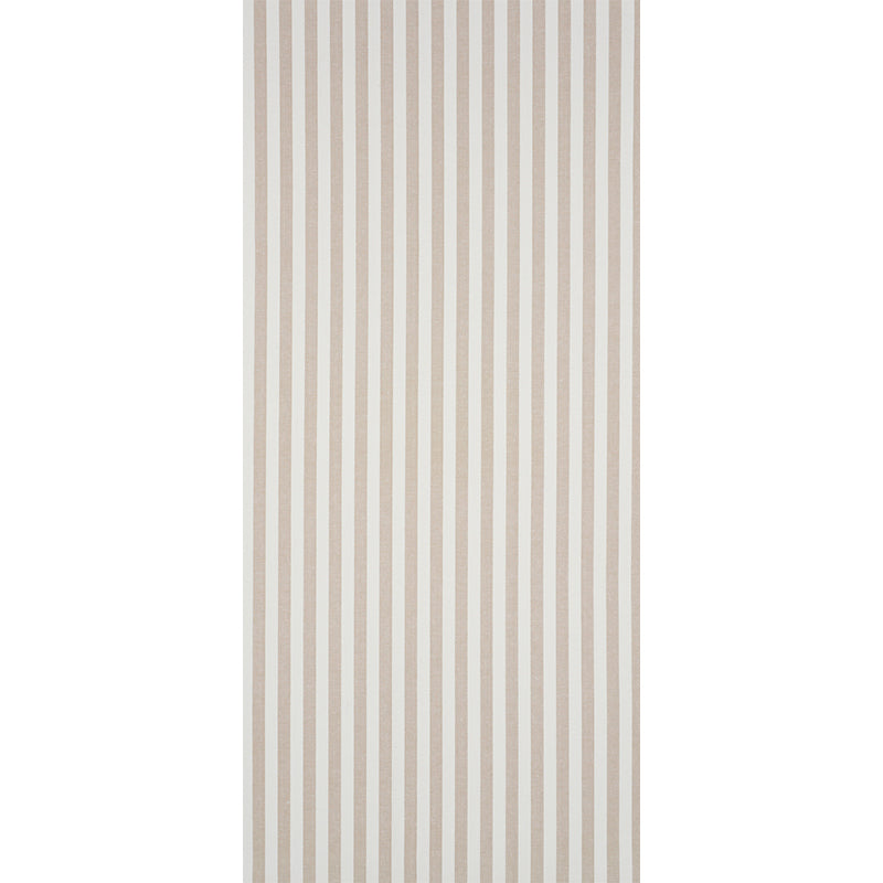 Vertical beige and white striped textured linen stripe wallcovering in sand with slim taupe stripes for a minimalist look.