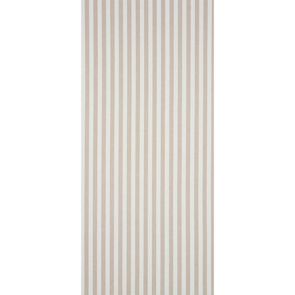 Vertical beige and white striped textured linen stripe wallcovering in sand with slim taupe stripes for a minimalist look.