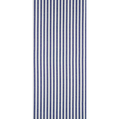 Blue and white vertical striped textile runner rug, long and narrow hallway decor.