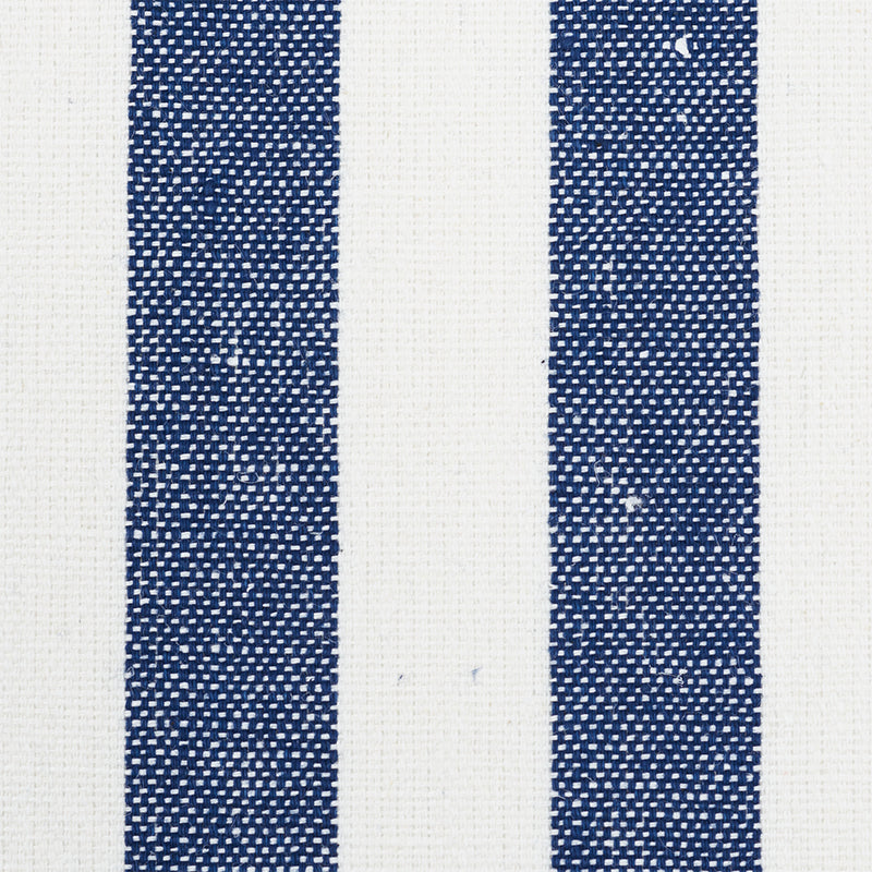Indigo vertical stripe on off-white linen-textured wallcovering; subtle woven texture.