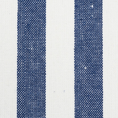 Indigo vertical stripe on off-white linen-textured wallcovering; subtle woven texture.