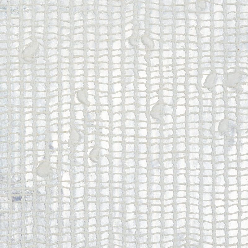 White textured wallcovering with open linen weave and pale grey grid lattice; raised square pattern; soft woven look.