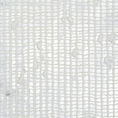 White textured wallcovering with open linen weave and pale grey grid lattice; raised square pattern; soft woven look.