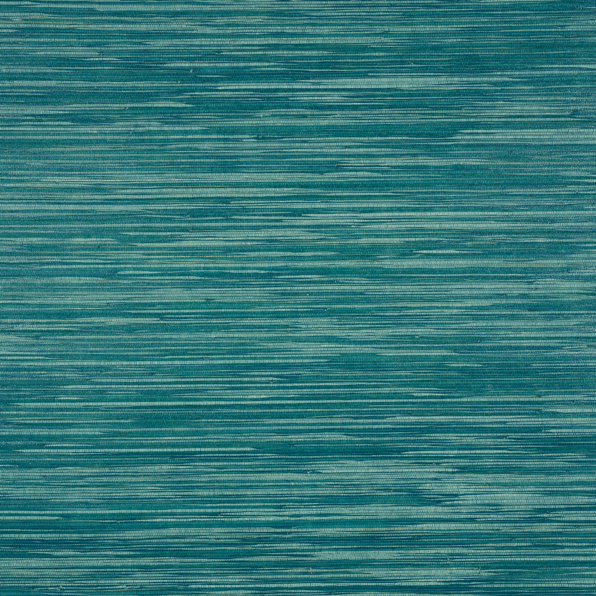 Teal blue textured wallcovering with horizontal brush-like stripes and a woven raffia texture.