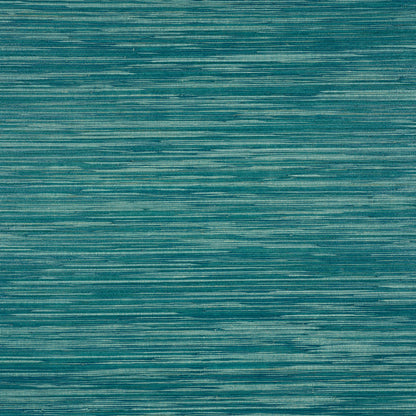Teal blue textured wallcovering with horizontal brush-like stripes and a woven raffia texture.