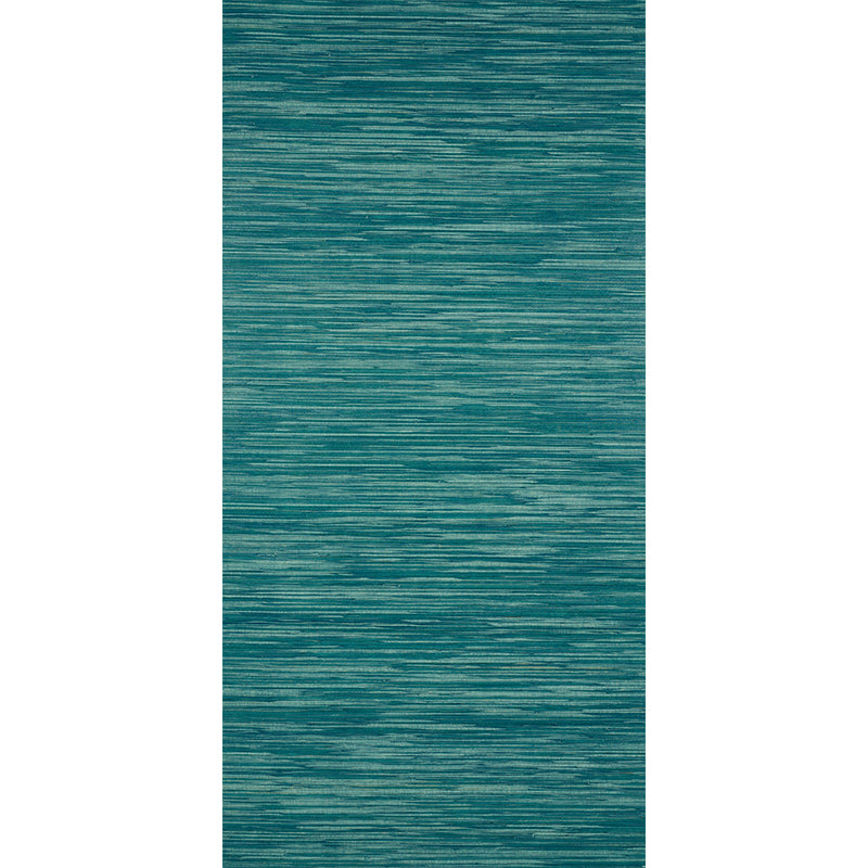 Teal blue raffia-textured wallcovering with a woven texture.