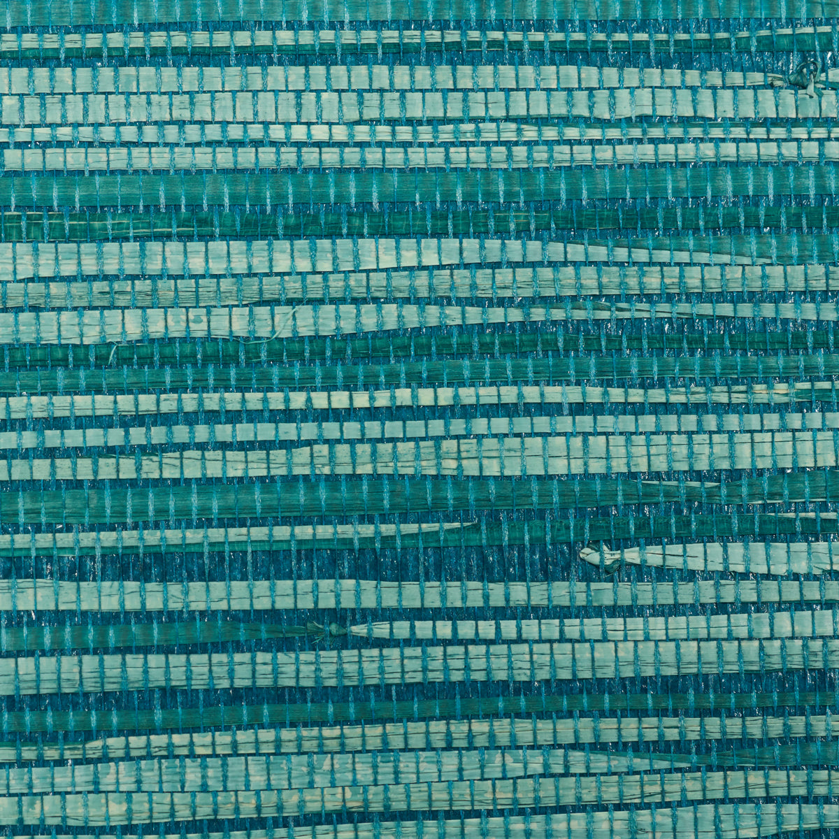 Teal, turquoise and peacock striped textured raffia wallcovering.