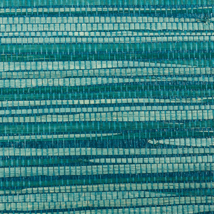 Teal, turquoise and peacock striped textured raffia wallcovering.