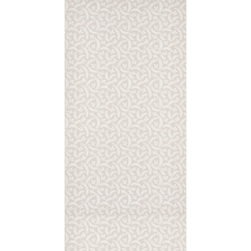 Beige wallpaper with repeating white circular rosette pattern, elegant neutral decor.