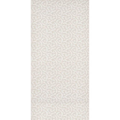 Beige wallpaper with repeating white circular rosette pattern, elegant neutral decor.