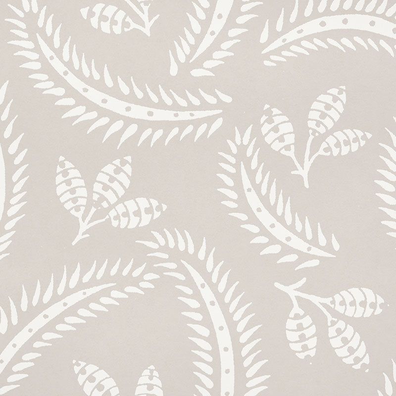 Beige wallpaper with white fern leaf pattern; textured botanical damask style for walls.