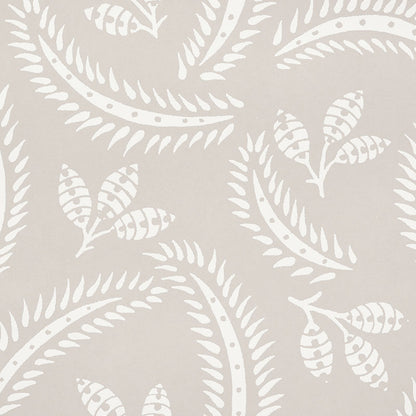 Beige wallpaper with white fern leaf pattern; textured botanical damask style for walls.