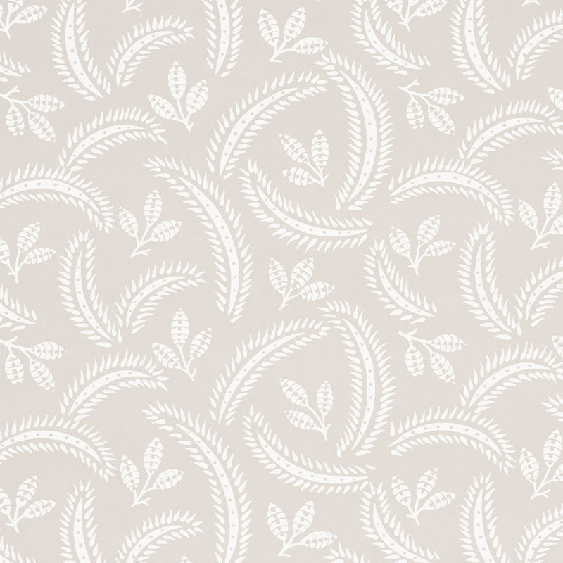 Beige wallpaper with white fern leaf pattern, repeating botanical motif.