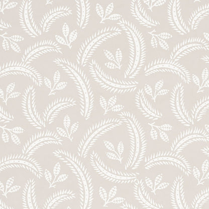 Beige wallpaper with white fern leaf pattern, repeating botanical motif.