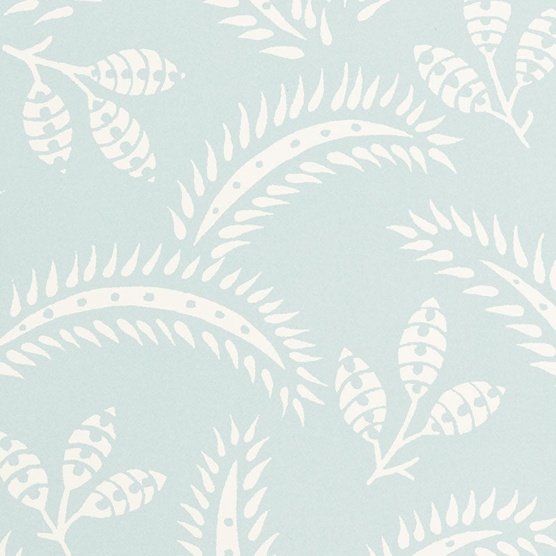 Soft blue wallpaper with white fern-like leaves in arched, repeating motifs.