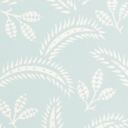 Soft blue wallpaper with white fern-like leaves in arched, repeating motifs.