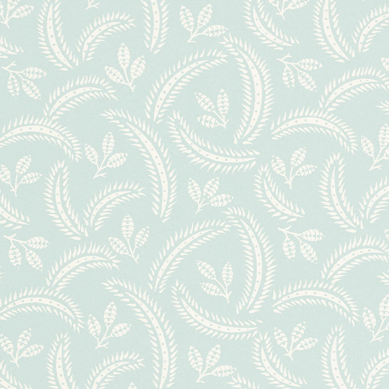 Soft teal background with white fern leaf botanical pattern, seamless repeating wallpaper design.