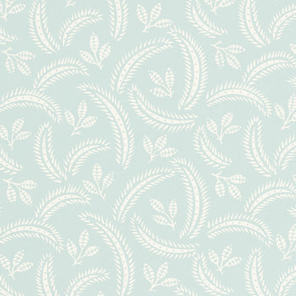 Soft teal background with white fern leaf botanical pattern, seamless repeating wallpaper design.